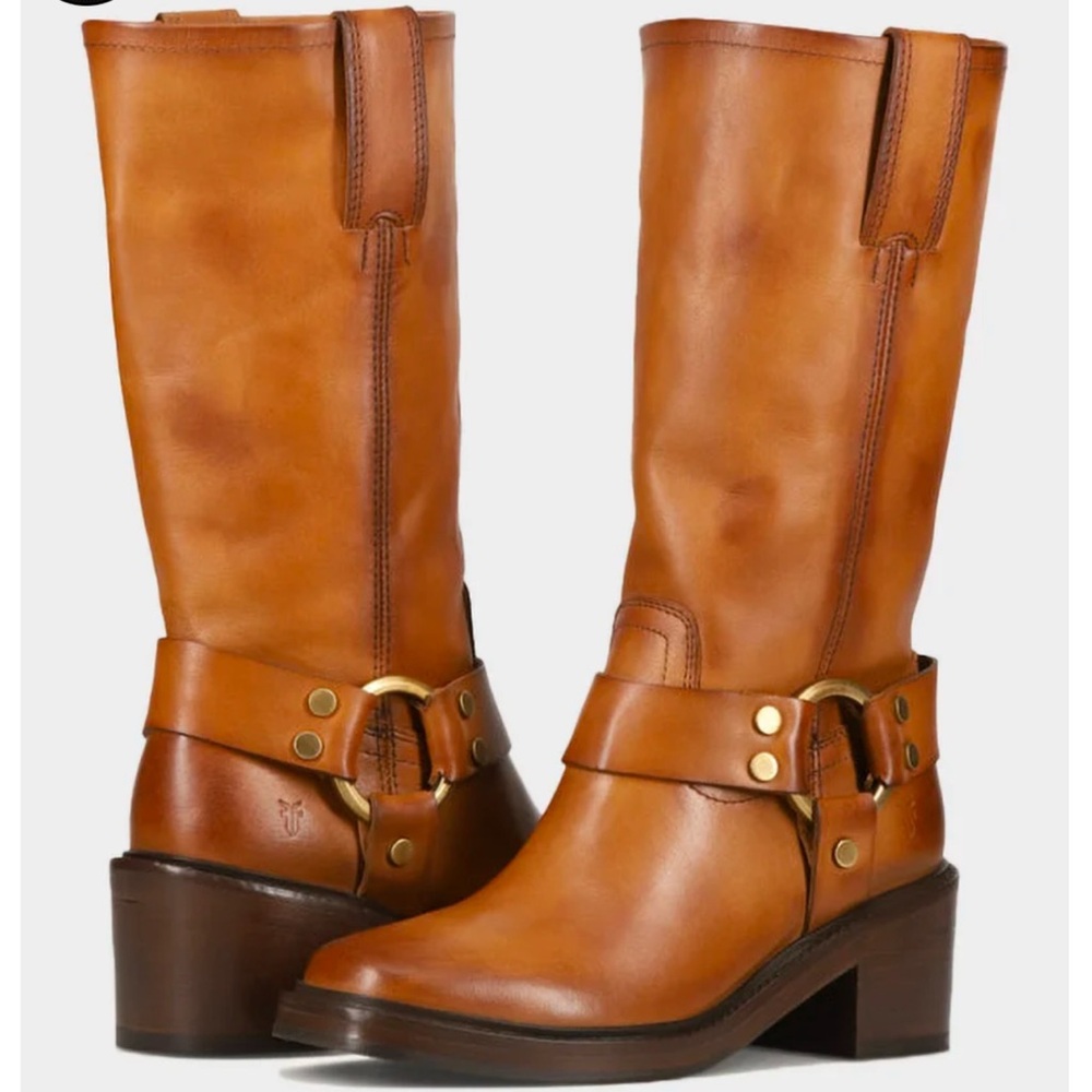 Frye Tan Heeled Boots with Harness Detail